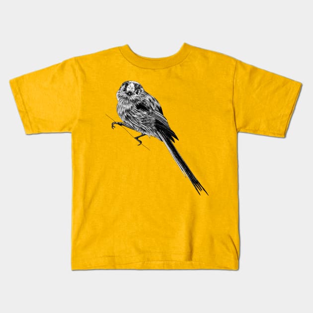 Long-tailed tit bird - ink illustration Kids T-Shirt by lorendowding